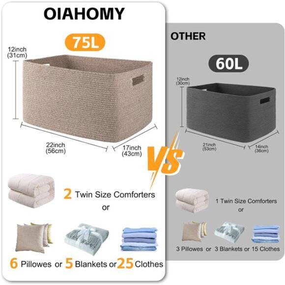 75L Large Blanket Basket, Woven Blanket Storage Basket with Handle - Picture 10 of 16